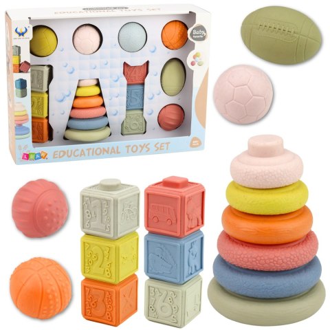 Zestaw Miękkie Zabawki Sensoryczne Piłeczki Piramidka Klocki 18 el. LEAN Toys