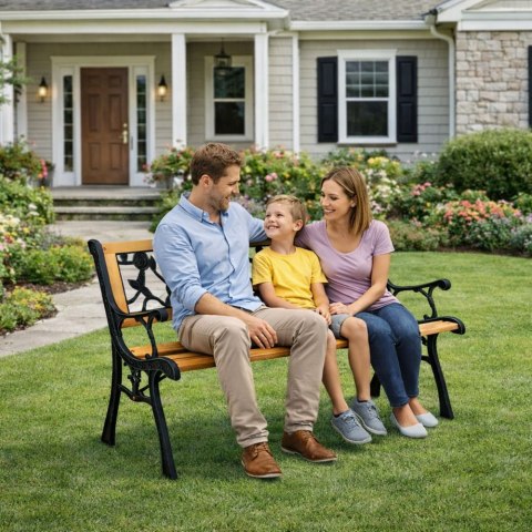 Ławka Ogrodowa Drewniana Metalowa Ławeczka Parkowa Ogrodowa z oparciem LEAN