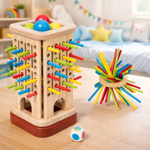 Drewniana Gra Zręcznościowa Edukacyjna Wieża Patyczki Kulki Kostka 37 el. LEAN Toys