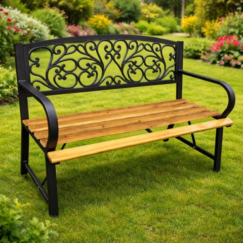Ławka Ogrodowa Park Taras Ogród Metalowe Oparcie Drewniana Zdobiona 118 cm LEAN