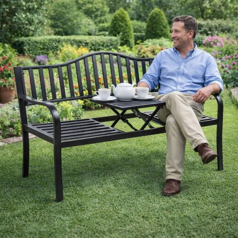 Ławka Ogrodowa Taras Ogród Park Metalowa Oparcie Stolik Czarna 150 cm LEAN
