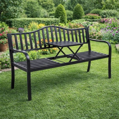 Ławka Ogrodowa Taras Ogród Park Metalowa Oparcie Stolik Czarna 150 cm LEAN