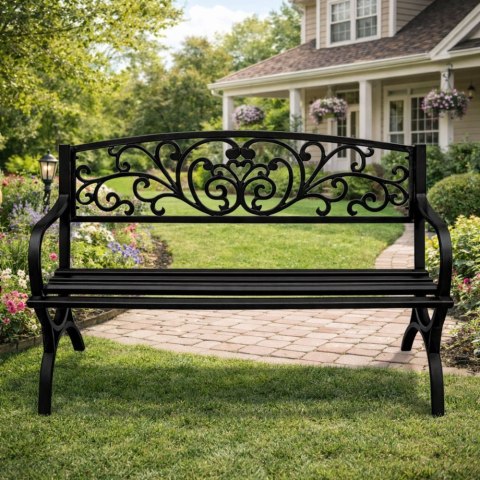 Ławka Ogrodowa Taras Ogród Parkowa Metalowa Oparcie Zdobiona Czarna 127 cm LEAN