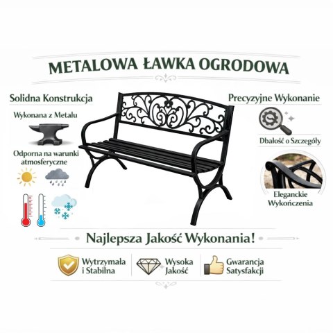Ławka Ogrodowa Taras Ogród Parkowa Metalowa Oparcie Zdobiona Czarna 127 cm LEAN