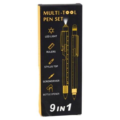 Długopisy Wielofunkcyjne 9w1 Poziomica Latarka Śrubokręt Żółty Czarny 2szt LEAN