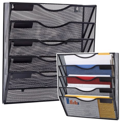 Metalowy Organizer Na Dokumenty Gazety Regał Na Ścianę 5 Przegród A4 Czarny LEAN