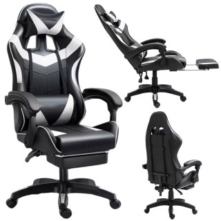 Fotel Gamingowy LEAN Obrotowy Biurowy Z Podnóżkiem Poduszki Czarno-Biały LEAN