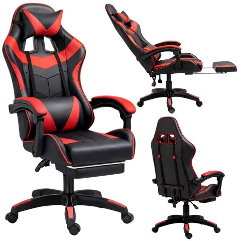 Fotel Gamingowy LEAN Obrotowy Biurowy Z Podnóżkiem Poduszki Czarno-Czerwony LEAN