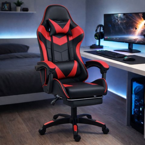 Fotel Gamingowy LEAN Obrotowy Biurowy Z Podnóżkiem Poduszki Czarno-Czerwony LEAN
