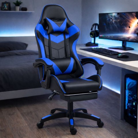 Fotel Gamingowy LEAN Obrotowy Biurowy Z Podnóżkiem Poduszki Czarno-Niebieski LEAN
