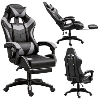 Fotel Gamingowy LEAN Obrotowy Biurowy Z Podnóżkiem Poduszki Czarno-Szary LEAN