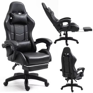 Fotel Gamingowy LEAN Obrotowy Biurowy Z Podnóżkiem Poduszki Czarny LEAN