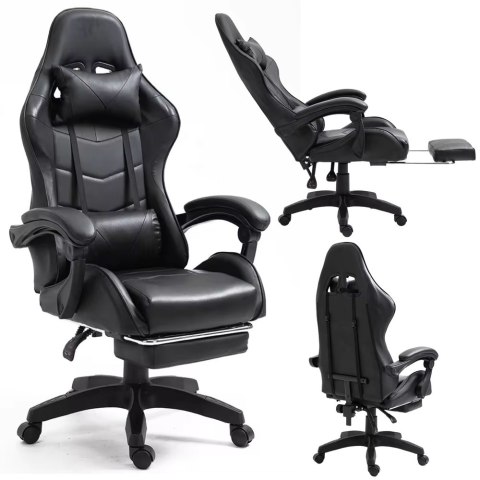 Fotel Gamingowy LEAN Obrotowy Biurowy Z Podnóżkiem Poduszki Czarny LEAN