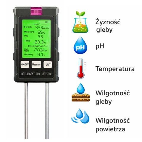 Miernik Wilgotności Roślin Higrometr Gleby 6W1 Temperatura Światło PH LEAN