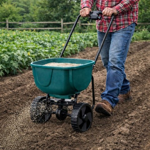 Siewnik Rotacyjny Na Kołach Do Nawozów Nasion Trawy Soli Piasku 27L LEAN