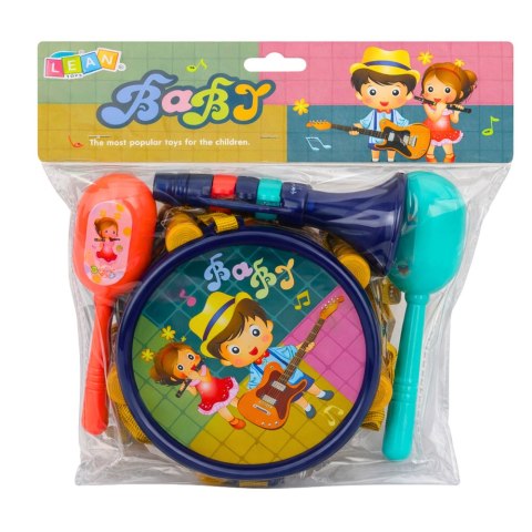 Zestaw Instrumenty Muzyczne Dla Dzieci Bębenek Trąbka Grzechotki Pałeczki LEAN Toys