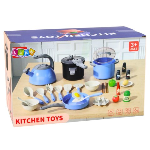Zestaw Naczyń Kuchennych Garnki Patelnia Czajnik Akcesoria Niebieskie 32el. LEAN Toys
