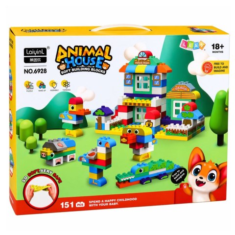 Miękkie Klocki Konstrukcyjne Sensoryczne Silikonowe Domek Zwierząt 151 el. LEAN Toys