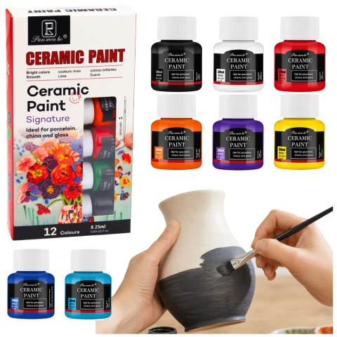 Zestaw Farb Ceramicznych Do Porcelany Szkła Ceramiki Pędzelek 12 szt. 25 ml LEAN