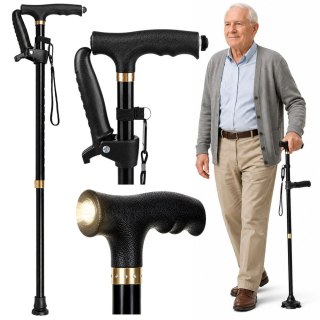 Laska Składana Regulowana Z Latarką LED Dla Seniora Czarna 80-100 cm LEAN