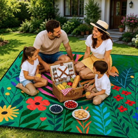 Koc Piknikowy Plażowy Turystyczny Mata Rośliny Kolorowa 100x150 cm LEAN