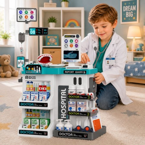 Duży Zestaw Lekarski Stolik Medyczny Doktor Światła Dźwięki Akcesoria 61el. LEAN Toys