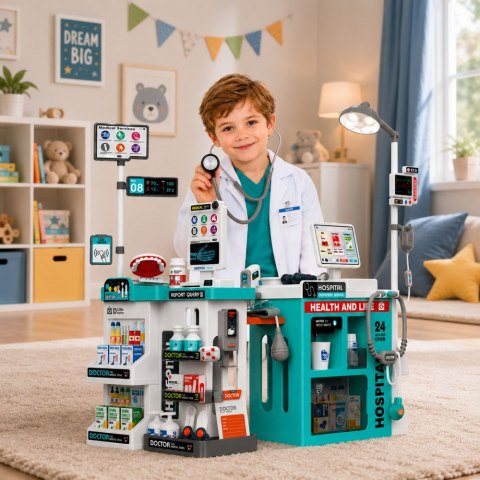 Duży Zestaw Lekarski Stolik Medyczny Doktor Światła Dźwięki Akcesoria 77el. LEAN Toys