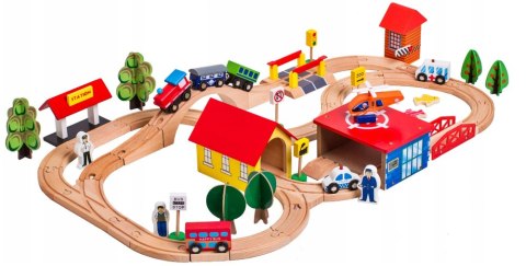Drewniany Tor Kolejka Autka Drzewa Budynki Helikopter LEAN Toys