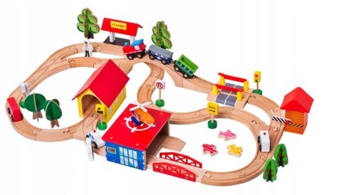 Drewniany Tor Kolejka Autka Drzewa Budynki Helikopter LEAN Toys