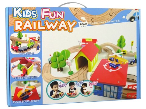 Drewniany Tor Kolejka Autka Drzewa Budynki Helikopter LEAN Toys